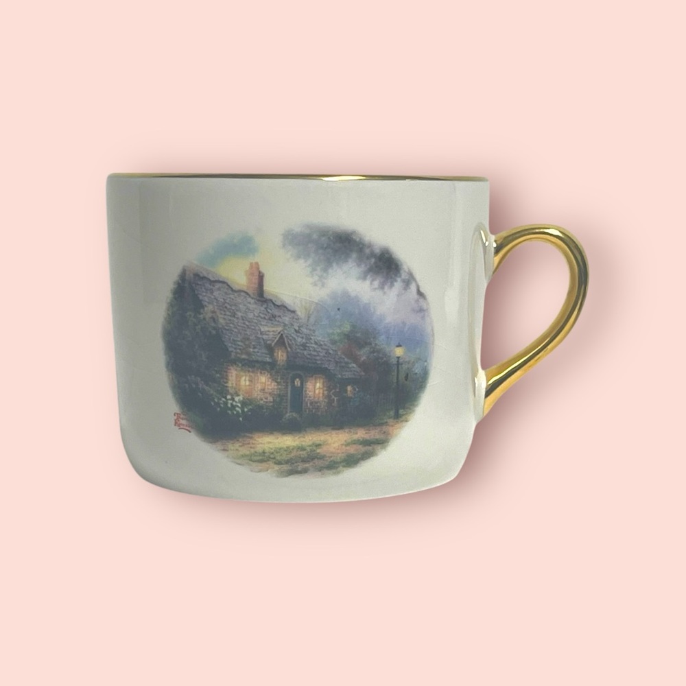 Thomas Kinkade White and Gold Coffee Mug with Moonlight Cottage Scene